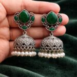Beautiful Silver Drop Jhumka Stylish Jewelry for Pearl Work Detailing - "Green"