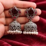 Beautiful Silver Drop Jhumka Stylish Jewelry for Pearl Work Detailing - "Red"