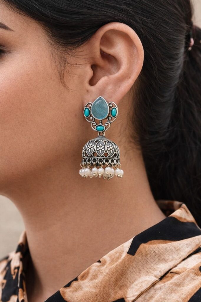 Beautiful Silver Drop Jhumka Stylish Jewelry for Pearl Work Detailing