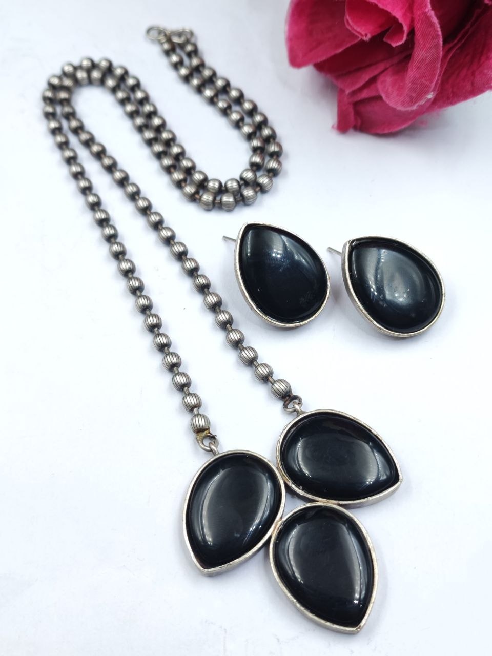 Silver Drop Necklace Set Premium Design for Traditional Look 3 Drop Necklace Set stylish brass jewelry design