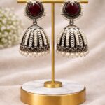 Oxidized Jhumka Earring Ethnic Jewelry for Pearl Work Detailing - "Red"