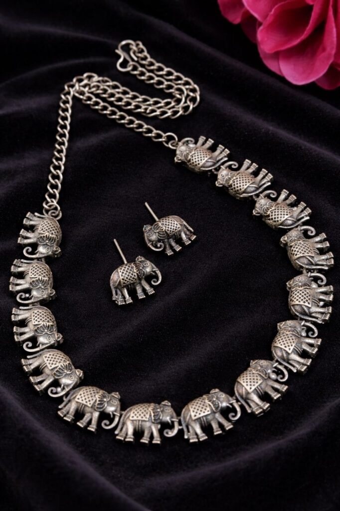 Unique Oxidized Elephant Necklace Elegant Traditional Jewelry for Royal Look