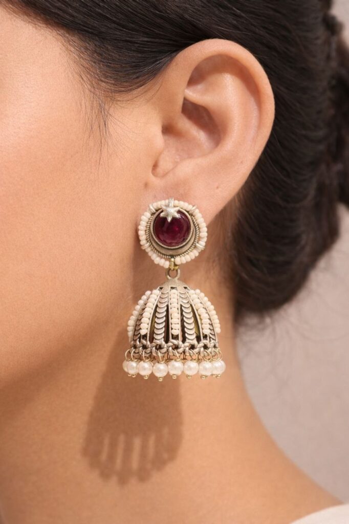 Oxidized Jhumka Earring Ethnic Jewelry for Pearl Work Detailing