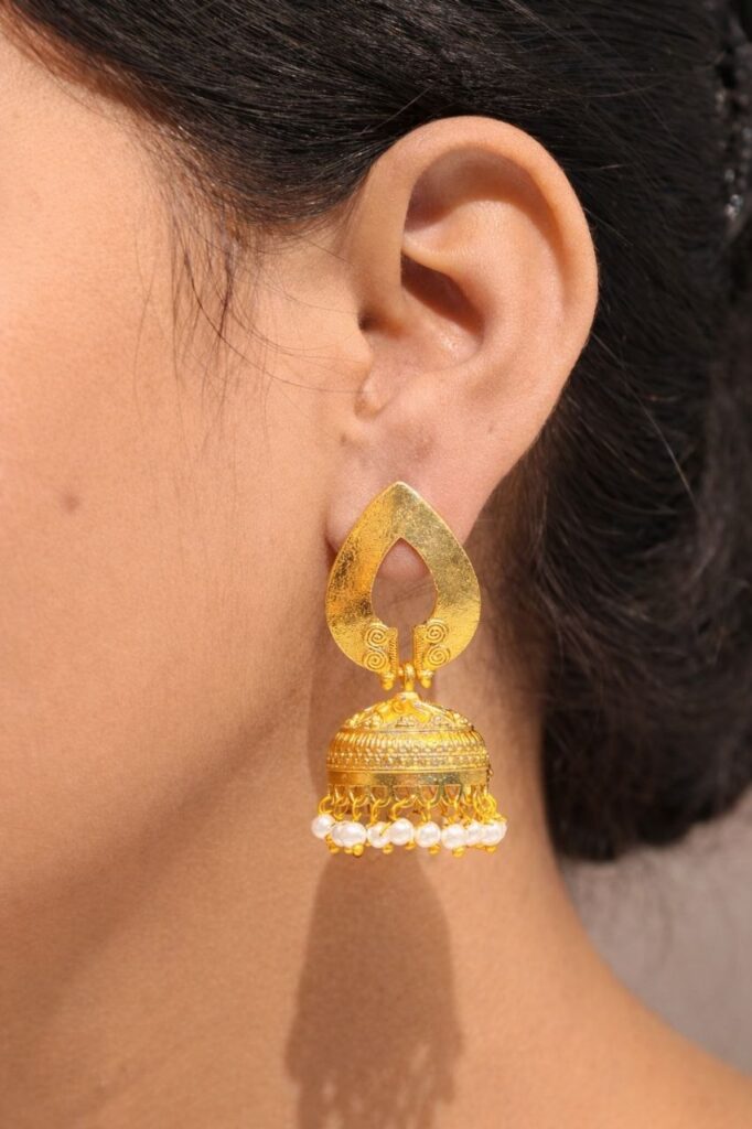 Gold Plated Jhumka Earring Dazzling Jewelry for Pearl Work Detailing