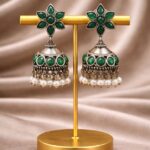 Silver Jhumka Earring Traditional Jewelry for Pearl Work Detailing - "Green"