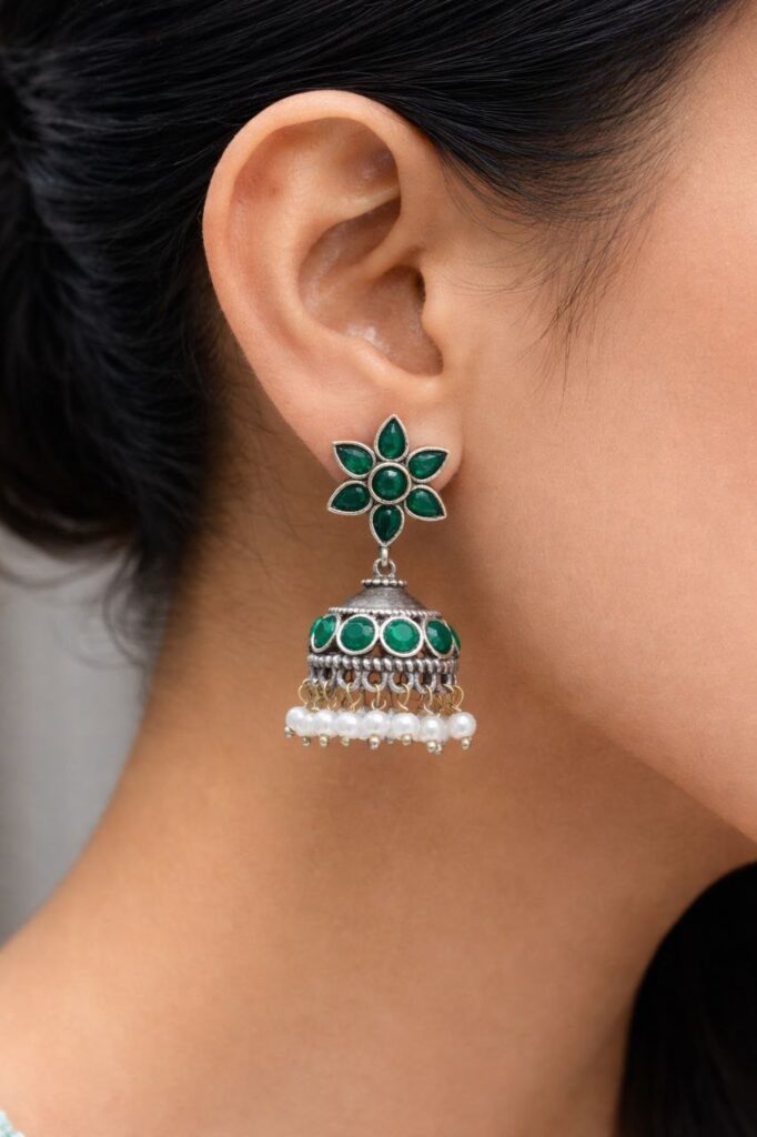 Silver Jhumka Earring Traditional Jewelry for Pearl Work Detailing