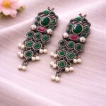 Dangler Silver Earring Stylish Jewelry for Beautiful Party Look - "Green"