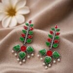 Silver Leaf Meena Kari Earring Traditional Jewelry for Beautiful Stylish Look - "Green-Red"