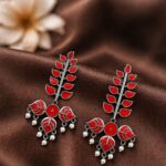 Silver Leaf Meena Kari Earring Traditional Jewelry for Beautiful Stylish Look - "Red"