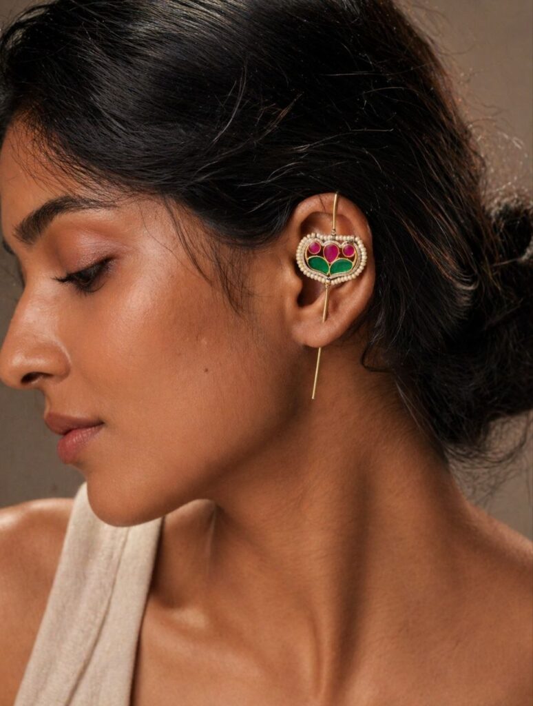 Silver Meena Kari Earcuff Elegant Traditional Jewelry for Beautiful Ethnic Look