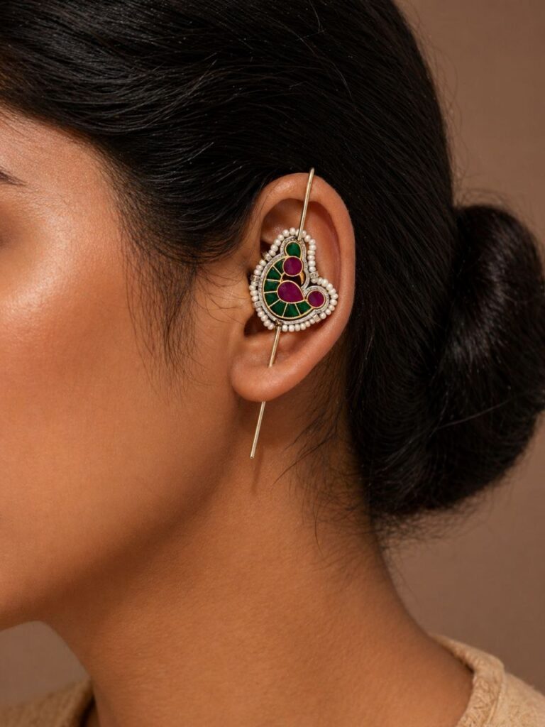Unique Peacock Meena Kari Earcuff Jewelry for Traditional Look