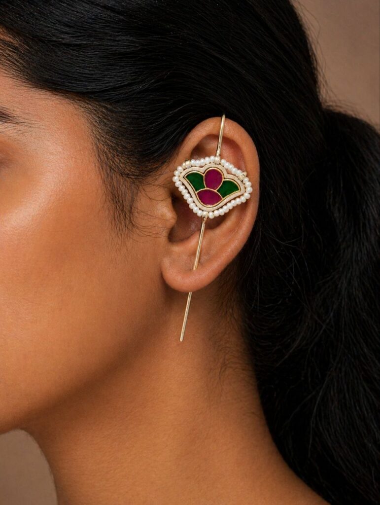 Silver Meena Kari Earcuff Stunning Traditional Jewelry for Ethnic Look
