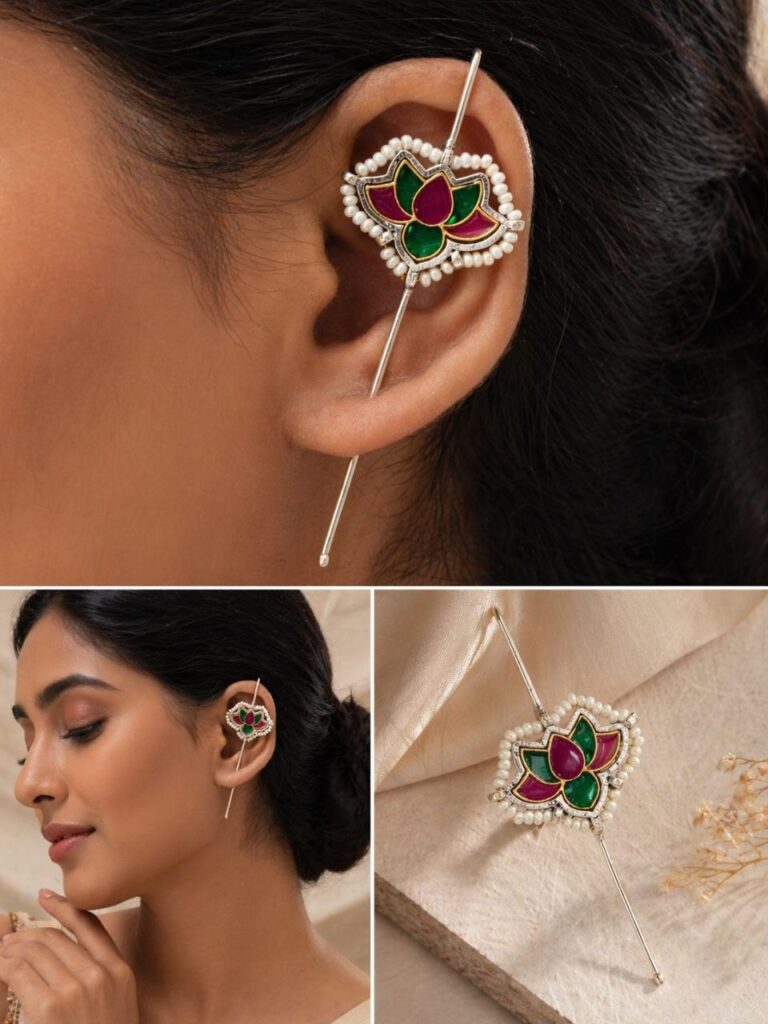 Silver Meena Kari Lotus Earcuff Traditional Jewelry for Ethnic Look