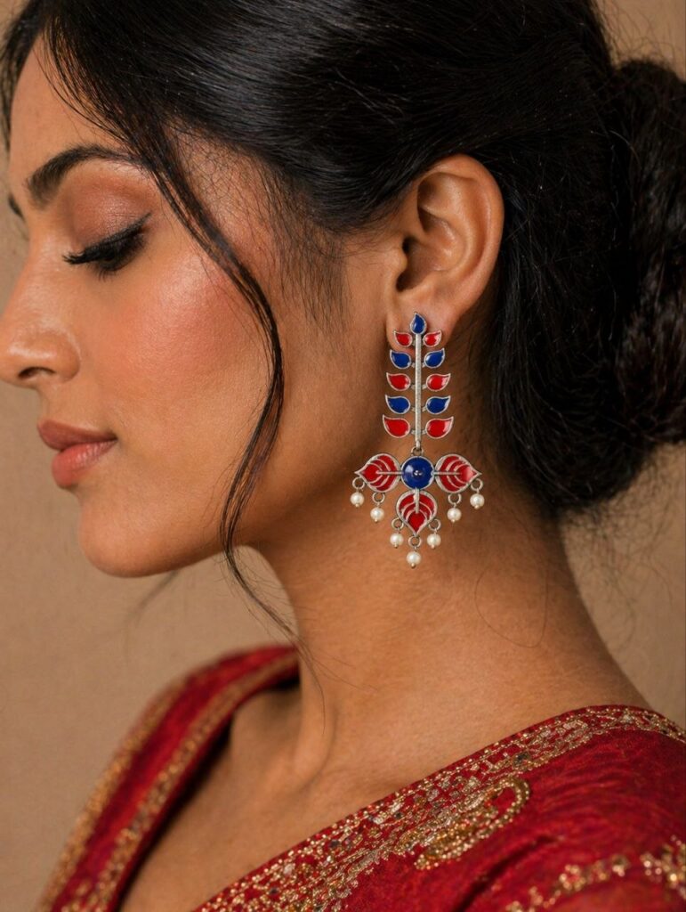 Silver Leaf Meena Kari Earring Traditional Jewelry for Beautiful Stylish Look