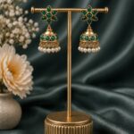 Gold Plated Jhumka Earring Traditional Jewelry for Pearl Work Detailing - "Green"