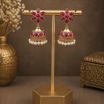 Gold Plated Jhumka Earring Traditional Jewelry for Pearl Work Detailing - "Red"