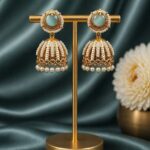 Gold Plated Jhumka Earring Traditional Jewelry for Beautiful Pearl Work Detailing - "Aqua"