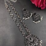Bulk 26 Silver Peacock Necklace Set Traditional Jewelry for Pearl Work Detailing - "Black"