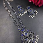Bulk 22 Silver Peacock Necklace Set Traditional Jewelry for Pearl Work Detailing - Blue