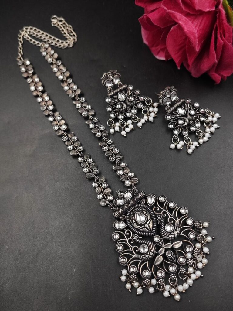 Silver Peacock Necklace Set Traditional Jewelry for Pearl Work Detailing