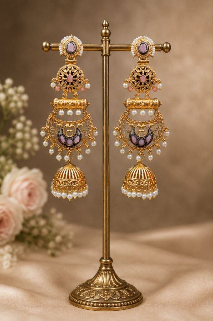 Gold Plated Floral Jhumka Earring Gorgeous Premium Jewelry for Pearl Work Detailing
