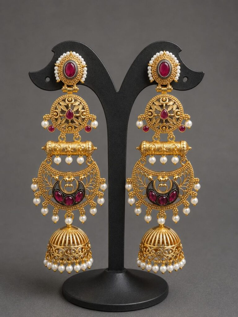 Gold Plated Floral Jhumka Earring Gorgeous Premium Jewelry for Pearl Work Detailing