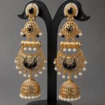 Gold Plated Floral Jhumka Earring Gorgeous Premium Jewelry for Pearl Work Detailing - "Black"