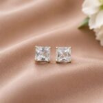 Gold Plated Square Stud Elegant Style for Modern Everyday Fashion - "White"