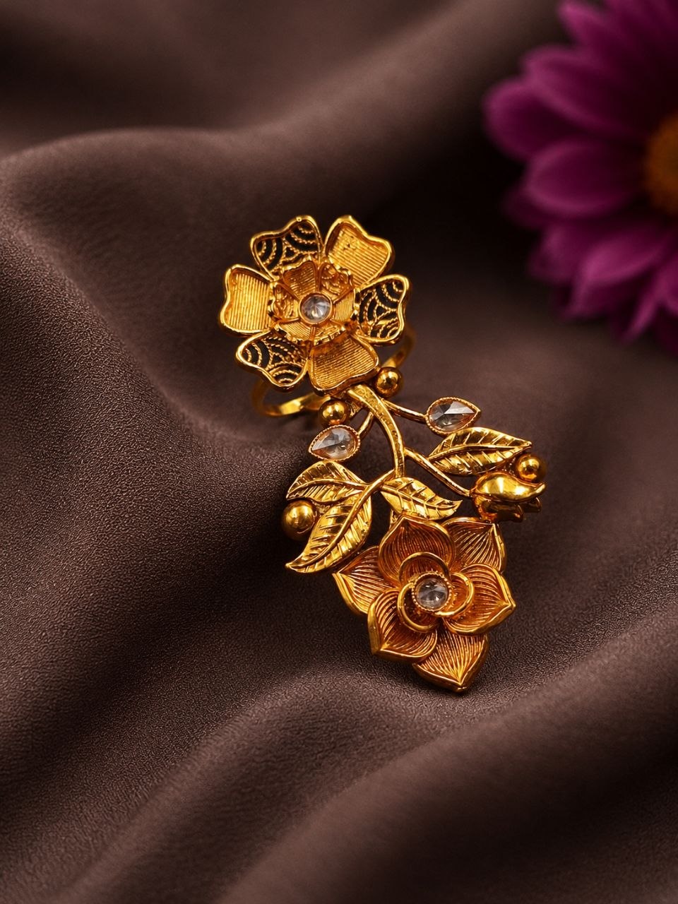 Gold Plated Designer Floral Ring Exquisite Style for Fashion Wear 2 Designer Floral Ring stylish brass jewelry design
