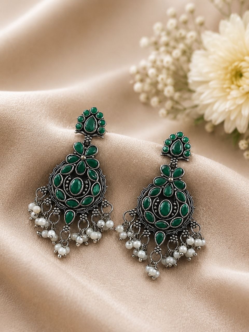 Silver Floral Earring Traditional for Stone And Pearl Work Detailing 1 Silver Floral Earring stylish brass jewelry design