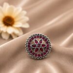 Oxidized Floral Ring Vintage Design for Ethnic & Everyday Wear - "Red"