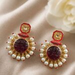 Antique Gold Kundan Earrings Vintage Ethnic Jewelry for Weddings & Festive Wear - "Red"
