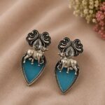 Oxidized Nandi Earring Exquisite Sacred Design for Ethnic Style - "Aqua"