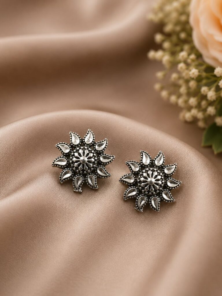 Silver Flower Stud Charming Design for Beautiful Party Wear
