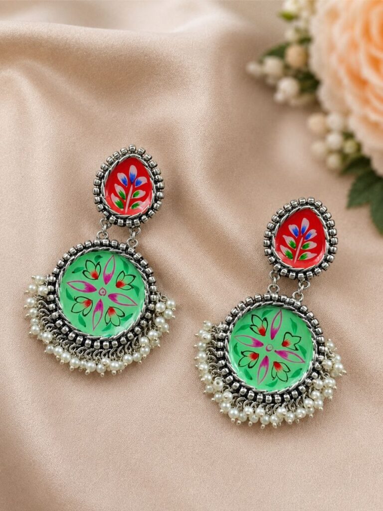 Silver Hand Painted Earring Artistic Jewelry for Everyday & Festive Wear