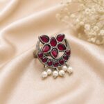 Bulk 66 Silver Floral Ring Vintage Jewelry for Party & Festive Wear - "Red"