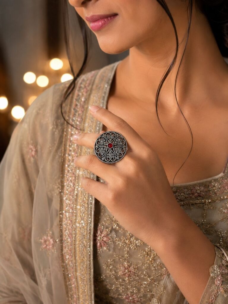 Silver Floral Ring Oxidised Adjustable Ring for Special Occasion