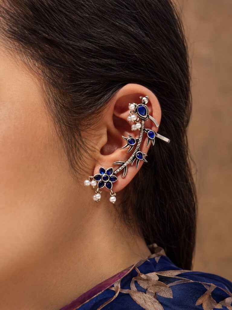 Silver Bird Earcuff Elegant Oxidised for Traditional Wear