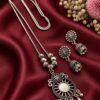 Silver Floral Necklace Set with oxidized silver finish and matching earrings