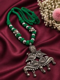 Peacock Thread Necklace with oxidized silver finish for women