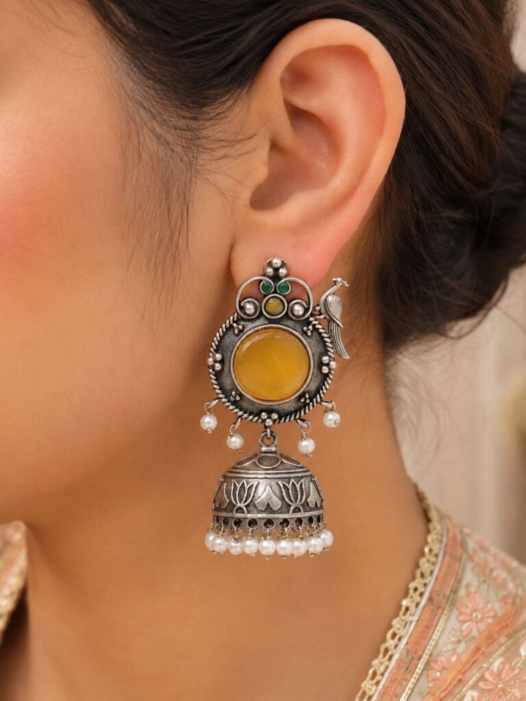 Silver Peacock Jhumka Earring Ethnic Design for Traditional Wear