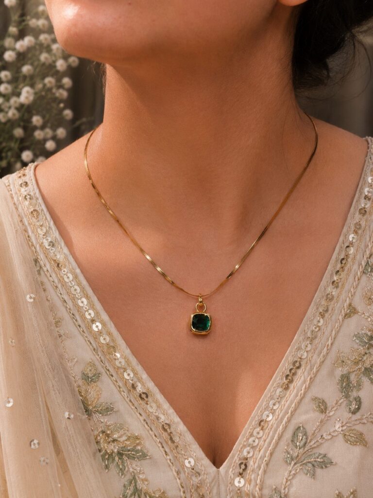 Anti Tarnish Square Chain Pendant Premium Gold Plated Necklace for Women