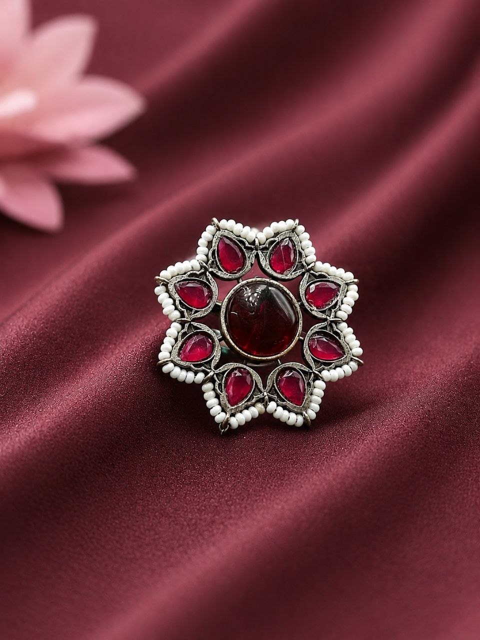 Vintage Flower Ring Adjustable Oxidized Floral Ring for Women 3 Vintage Flower Ring with oxidized silver finish for women