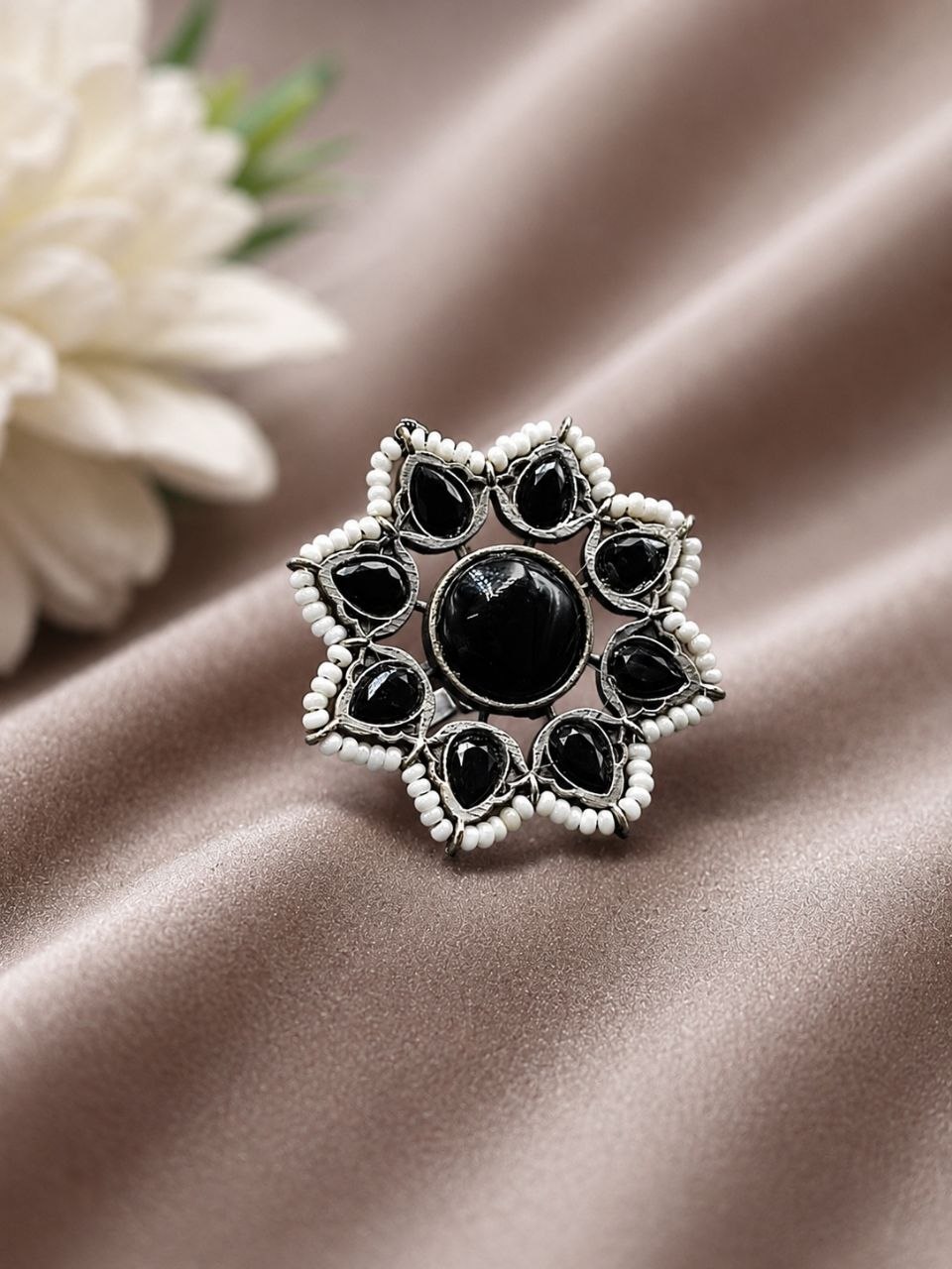 Vintage Flower Ring Adjustable Oxidized Floral Ring for Women 4 Vintage Flower Ring with oxidized silver finish for women