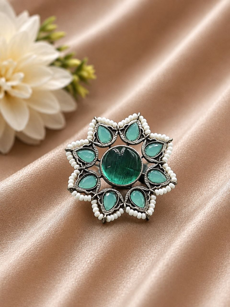 Vintage Flower Ring Adjustable Oxidized Floral Ring for Women 9 Vintage Flower Ring with oxidized silver finish for women