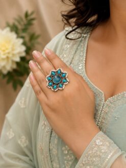 Vintage Flower Ring with oxidized silver finish for women