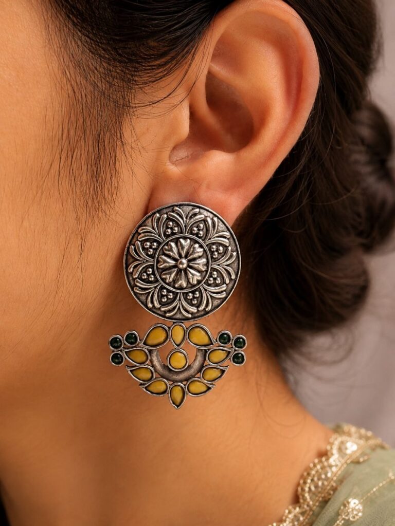 Oxidized Silver Flower Earring Traditional Floral Earrings for Women