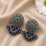 Bulk 26 Oxidized Silver Flower Earring Traditional Floral Earrings for Women - Blue