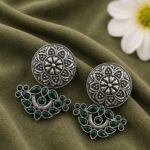 Bulk 34 Oxidized Silver Flower Earring Traditional Floral Earrings for Women - "Green"
