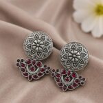 Bulk 38 Oxidized Silver Flower Earring Traditional Floral Earrings for Women - "Red"
